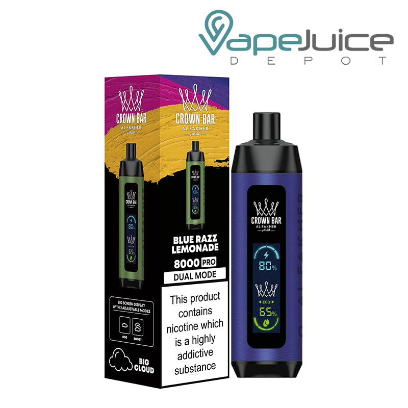 A Box of Blue Razz Lemonade AL Fakher Crown Bar 8000 Pro Disposable with a warning sign and a Disposable with LCD Screen next to it - Vape Juice Depot