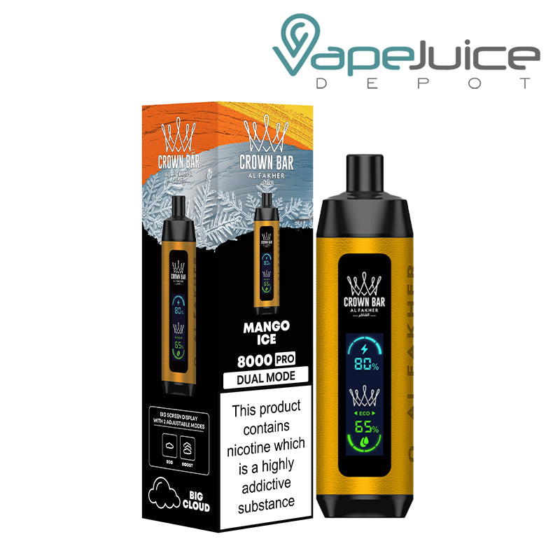 A Box of Mango Ice AL Fakher Crown Bar 8000 Pro Disposable with a warning sign and a Disposable with LCD Screen next to it - Vape Juice Depot