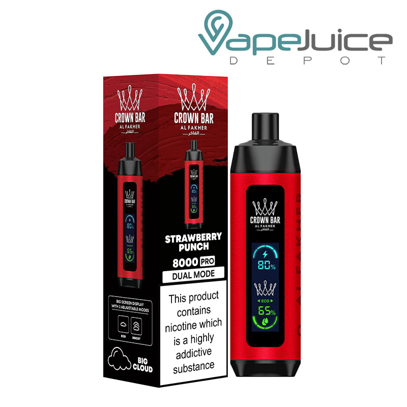 A Box of Strawberry Punch AL Fakher Crown Bar 8000 Pro Disposable with a warning sign and a Disposable with LCD Screen next to it - Vape Juice Depot