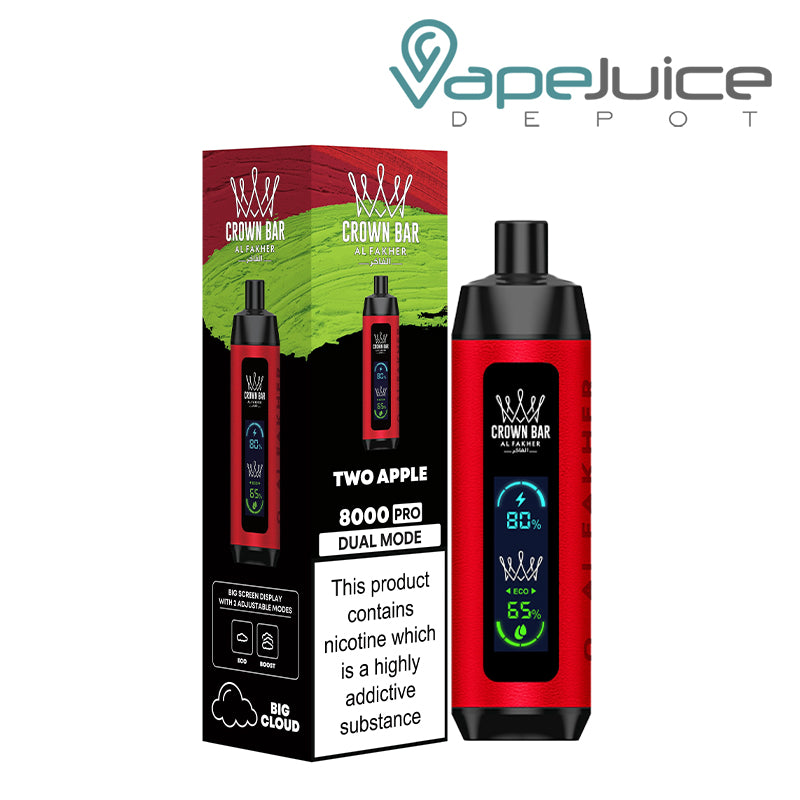 A Box of Two Apple AL Fakher Crown Bar 8000 Pro Disposable with a warning sign and a device next to it - Vape Juice Depot