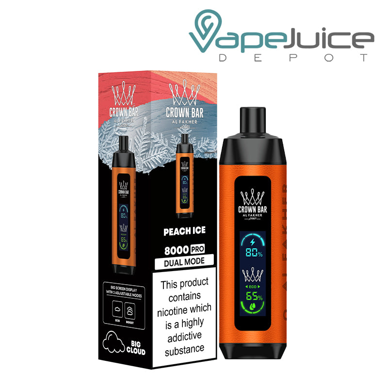 A Box of Peach Ice AL Fakher Crown Bar 8000 Pro Disposable with a warning sign and a Disposable with LCD Screen next to it - Vape Juice Depot