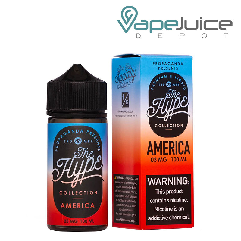 A 100ml bottle of AMERICA Propaganda The Hype eLiquid and a box with a warning sign next to it - Vape Juice Depot