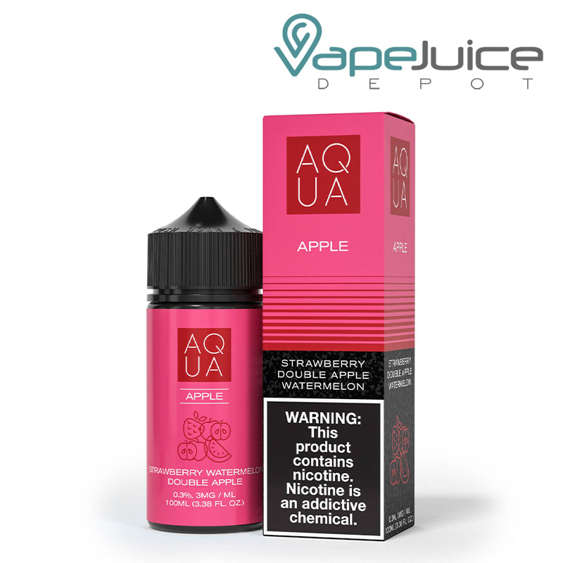 A 100ml bottle of Pure Apple AQUA eLiquid and a box with a warning sign next to it - Vape Juice Depot