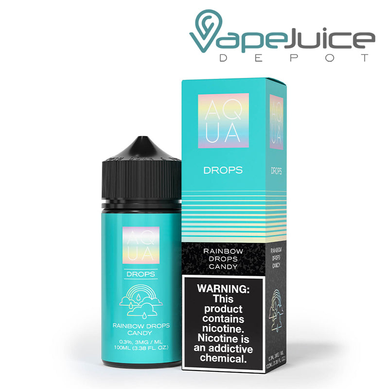 A 100ml bottle of DROPS AQUA eLiquid and a box with a warning sign next to it - Vape Juice Depot