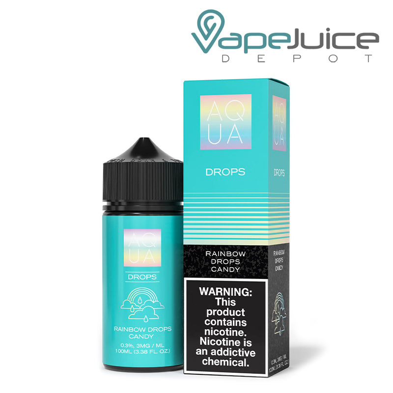 A 100ml bottle of DROPS AQUA eLiquid and a box with a warning sign next to it - Vape Juice Depot