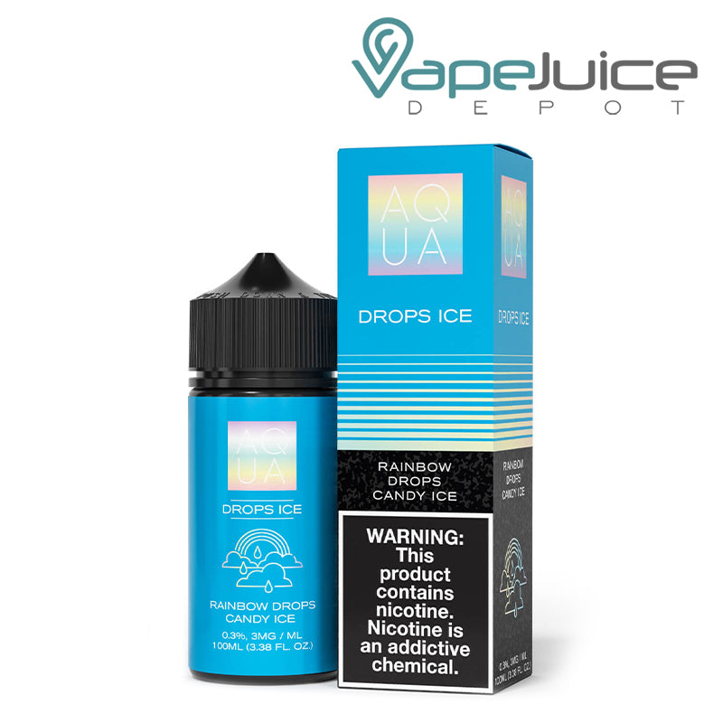 A 100ml bottle of Menthol DropsS Ice AQUA eLiquid and a box with a warning sign next to it - Vape Juice Depot