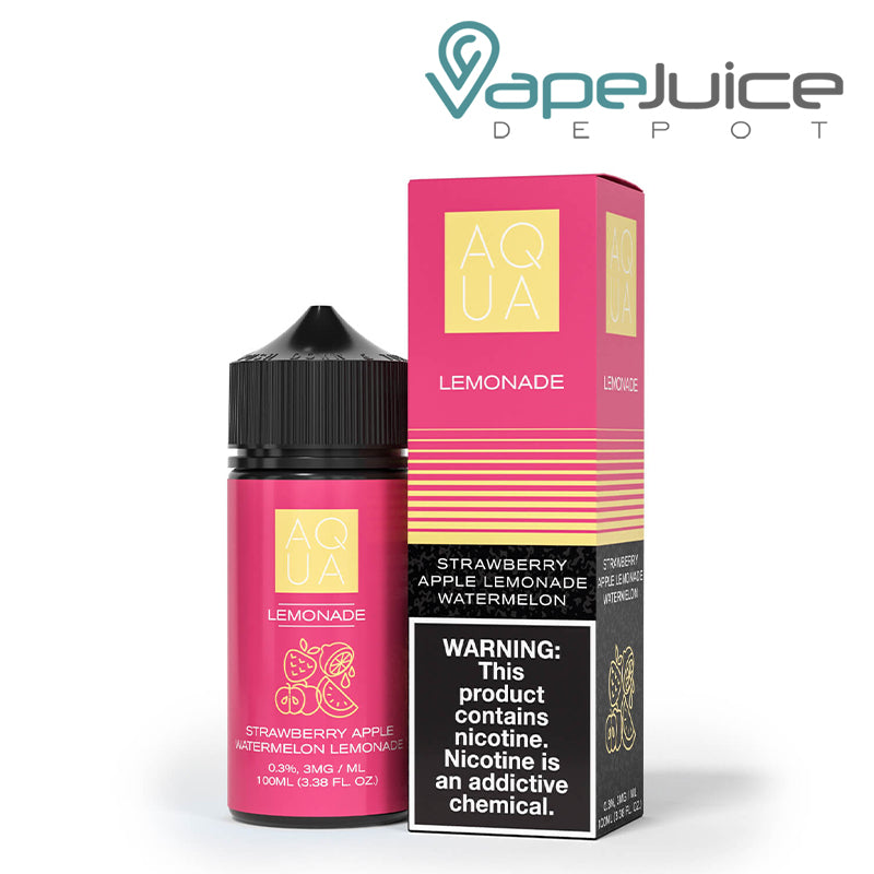 A 100ml bottle of Pure Lemonade AQUA eLiquid and a box with a warning sign next to it - Vape Juice Depot