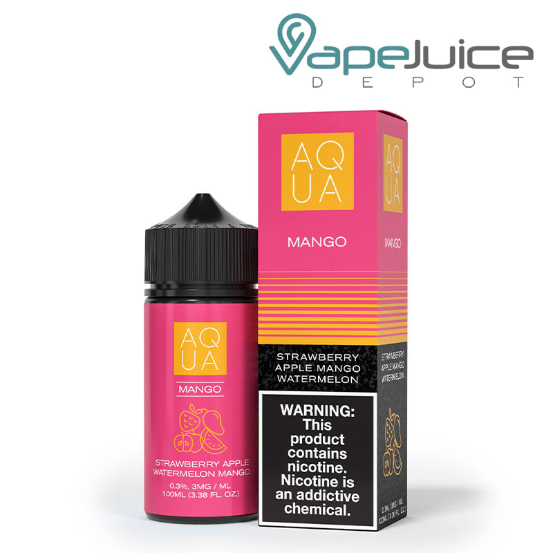 A 100ml bottle of Pure Mango AQUA eLiquid and a box with a warning sign next to it - Vape Juice Depot