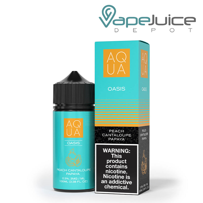 A 100ml bottle of Oasis AQUA eLiquid and a box with a warning sign next to it - Vape Juice Depot