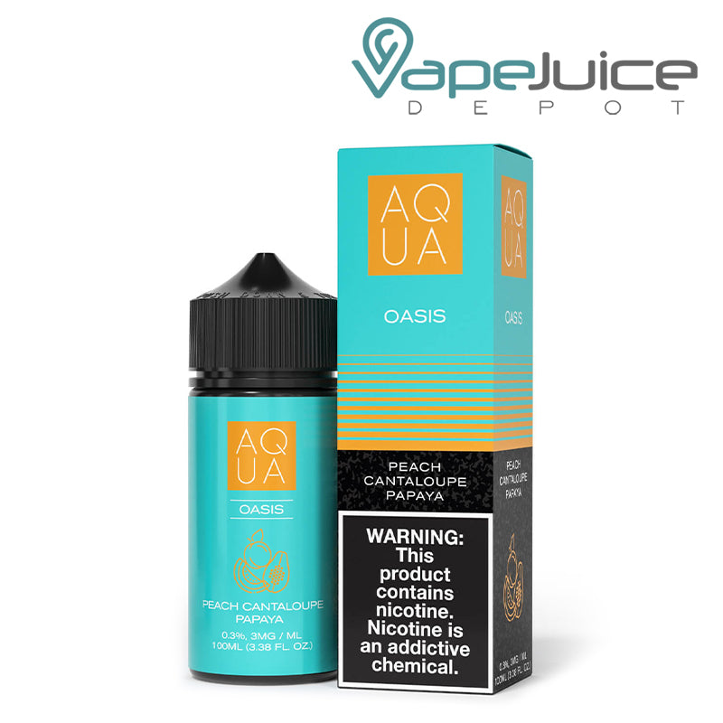 A 100ml bottle of Oasis AQUA eLiquid and a box with a warning sign next to it - Vape Juice Depot