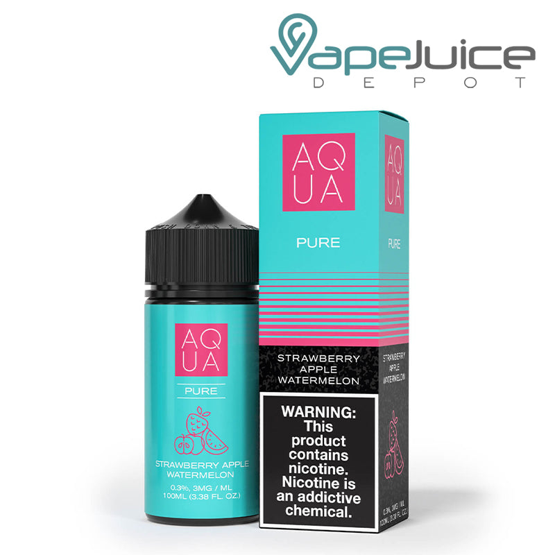 A 100ml bottle of Pure AQUA eLiquid and a box with a warning sign next to it - Vape Juice Depot