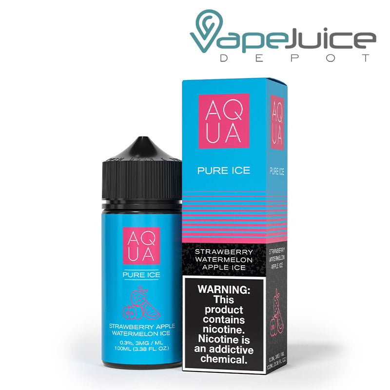 100ml bottle of Pure Menthol AQUA eLiquid and a box with a warning sign next to it - Vape Juice Depot