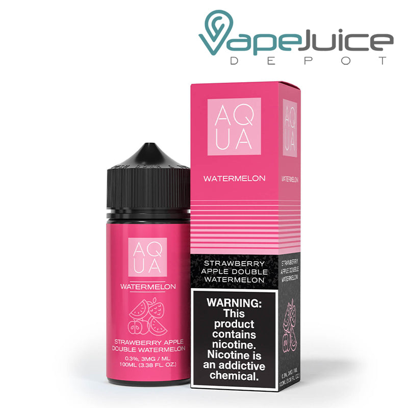 100ml bottle of Pure Watermelon AQUA eLiquid and a box with a warning sign next to it - Vape Juice Depot