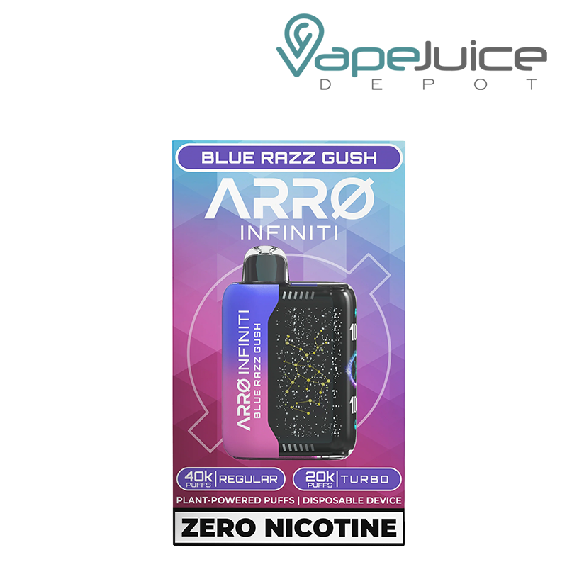 A Box of Blue Razz Gush ARRO Infiniti 40K ZERO Nicotine Disposable - Vape Juice Depot