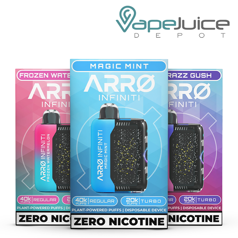 Three Flavors box of ARRO Infiniti 40K ZERO Nicotine Disposable - Vape Juice Depot