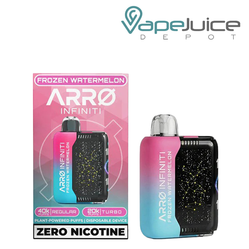 A Box of ARRO Infiniti 40K ZERO Nicotine Disposable Frozen Watermelon and a device next to it - Vape Juice Depot