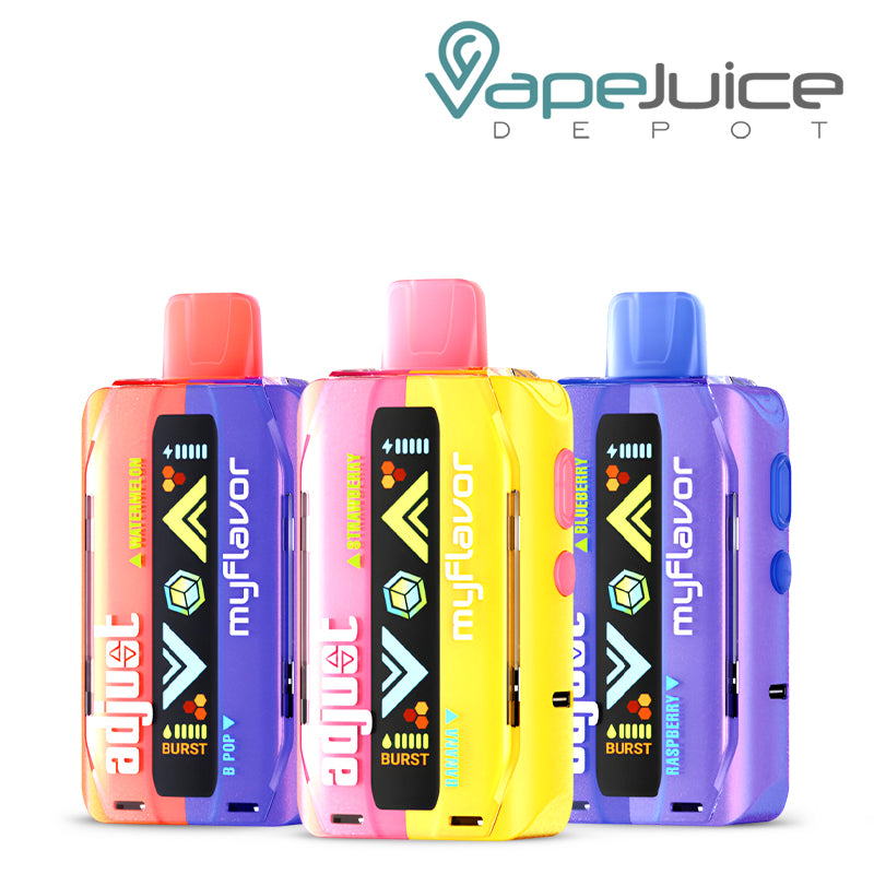 Three Flavors of Adjust MyFlavor 40K Disposable Vape next to each other - Vape Juice Depot