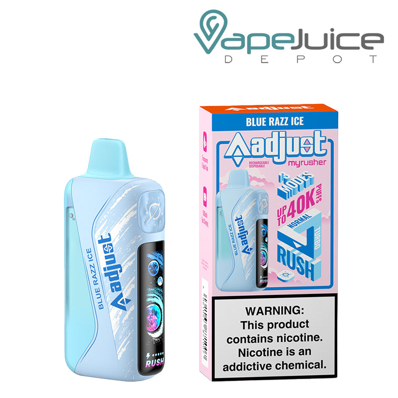 A Blue Razz Ice Adjust MyRusher 40K disposable with a smart screen and a box next to it – Vape Juice Depot
