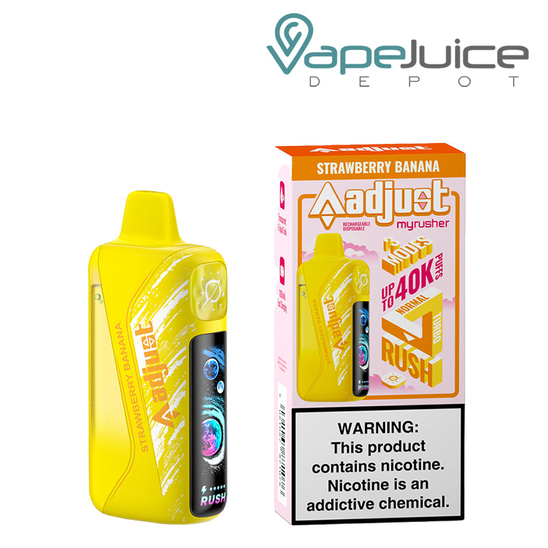 A Strawberry Banana Adjust MyRusher 40K disposable with a smart screen and a box next to it – Vape Juice Depot