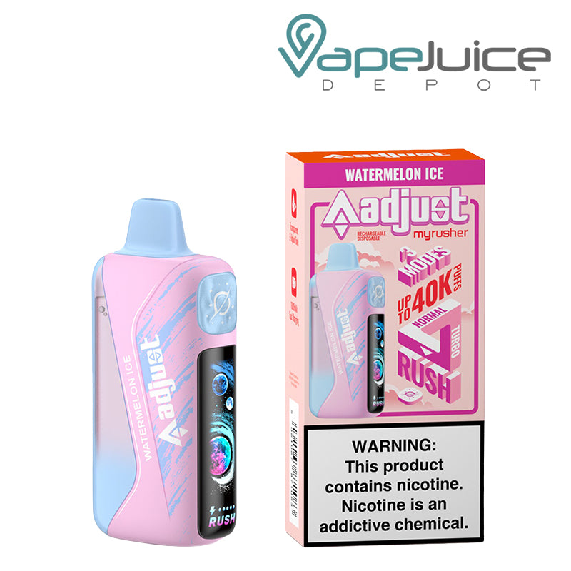 A Watermelon Ice Adjust MyRusher 40K disposable with a smart screen and a box next to it – Vape Juice Depot