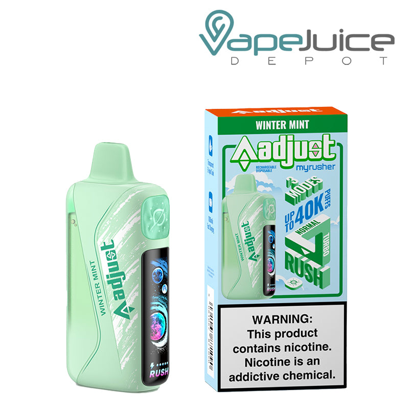 A Winter Mint Adjust MyRusher 40K disposable with a smart screen and a box next to it – Vape Juice Depot