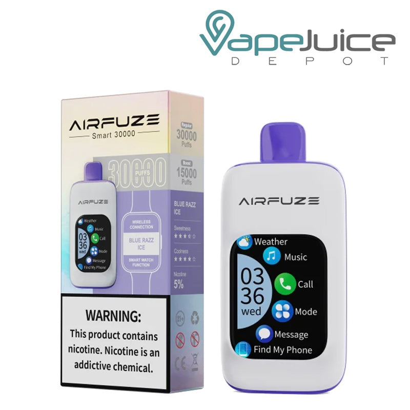 A Box of Blue Razz Ice AirFuze Smart 30K with a warning sign and a Disposable with touch screen next to it - Vape Juice Depot