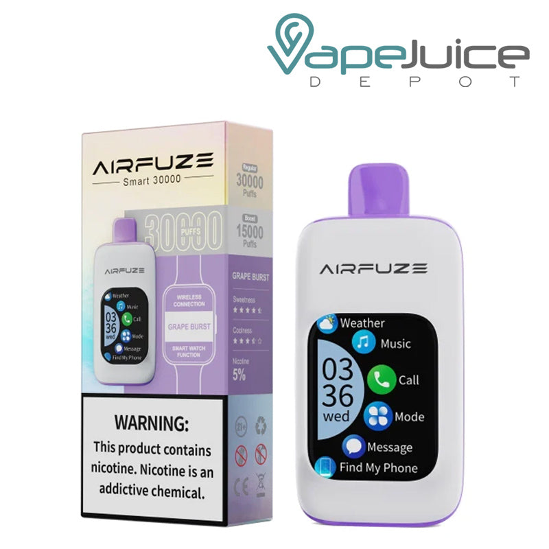 A Box of Grape Burst AirFuze Smart 30K with a warning sign and a Disposable with touch screen next to it - Vape Juice Depot