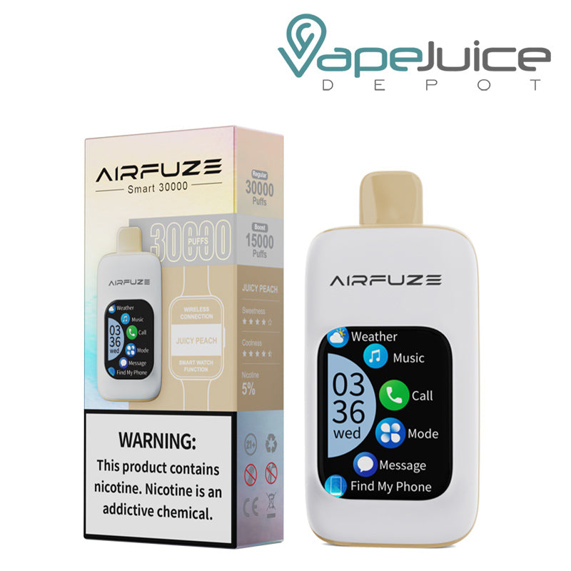 A Box of Juicy Peach AirFuze Smart 30K with a warning sign and a Disposable with touch screen next to it - Vape Juice Depot