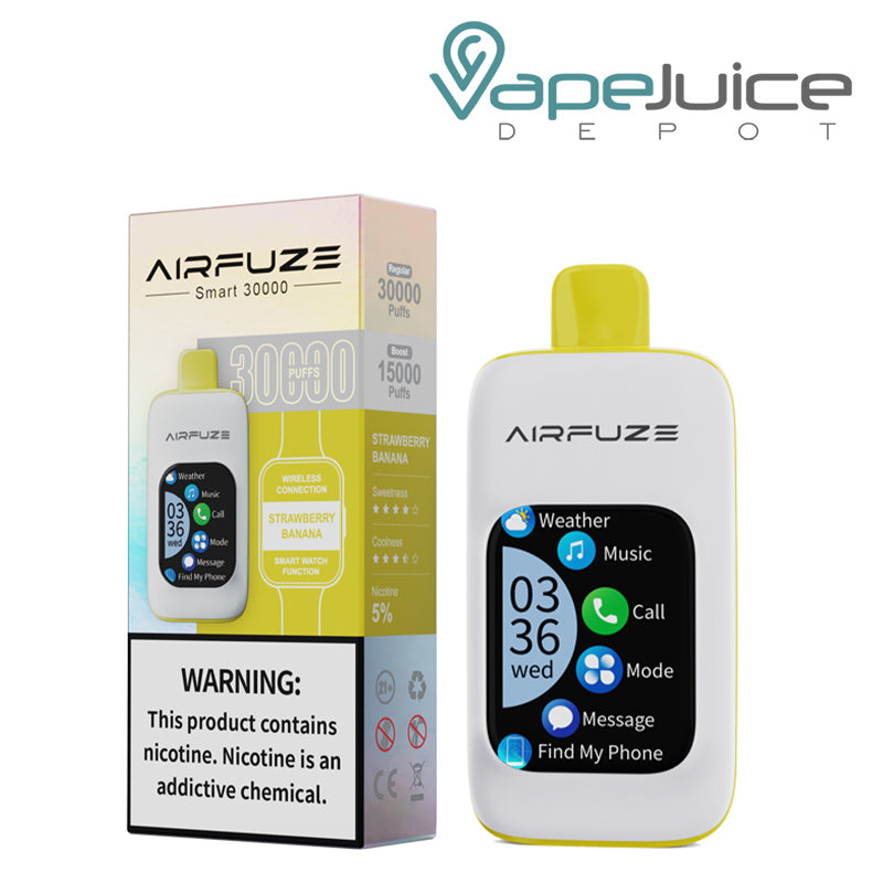 A Box of Strawberry Banana AirFuze Smart 30K with a warning sign and a Disposable with touch screen next to it - Vape Juice Depot