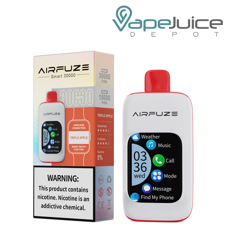 A Box of Triple Apple AirFuze Smart 30K with a warning sign and a Disposable with touch screen next to it - Vape Juice Depot