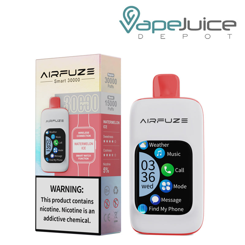 A Box of Watermelon Ice AirFuze Smart 30K with a warning sign and a Disposable with touch screen next to it - Vape Juice Depot