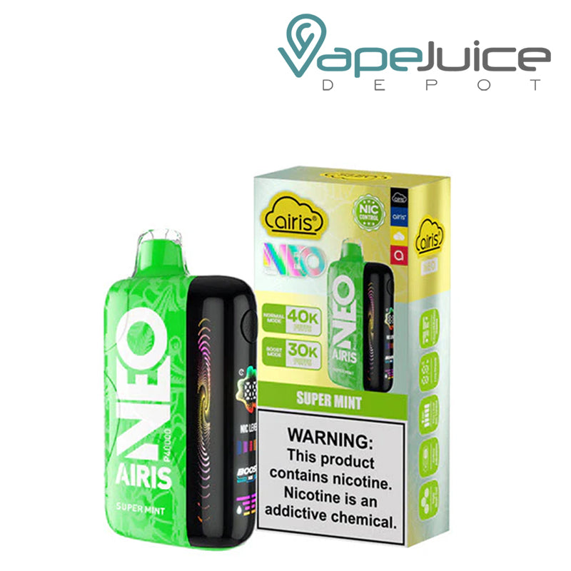 A Super Mint Airis Neo P40000 Disposable with Full HD screen and a box with a warning sign next to it - Vape Juice Depot