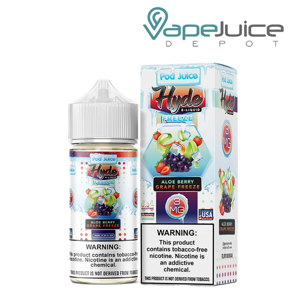 A 100ml bottle of Aloe Berry Grape Freeze Hyde Pod Juice TFN with a warning sign and a box with a warning sign next to it - Vape Juice Depot