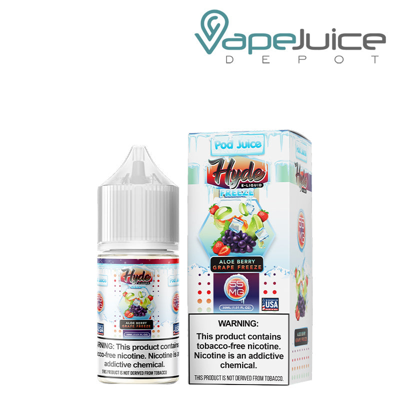 A 30ml bottle of Aloe Berry Grape Freeze Hyde Pod Juice TFN Salt and a box with a warning sign next to it - Vape Juice Depot