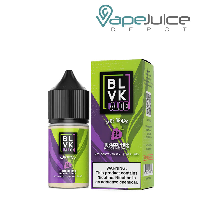 A 30ml bottle of Aloe Grape BLVK Aloe TF Nic Salt 35mg and a box with a warning sign next to it - Vape Juice Depot