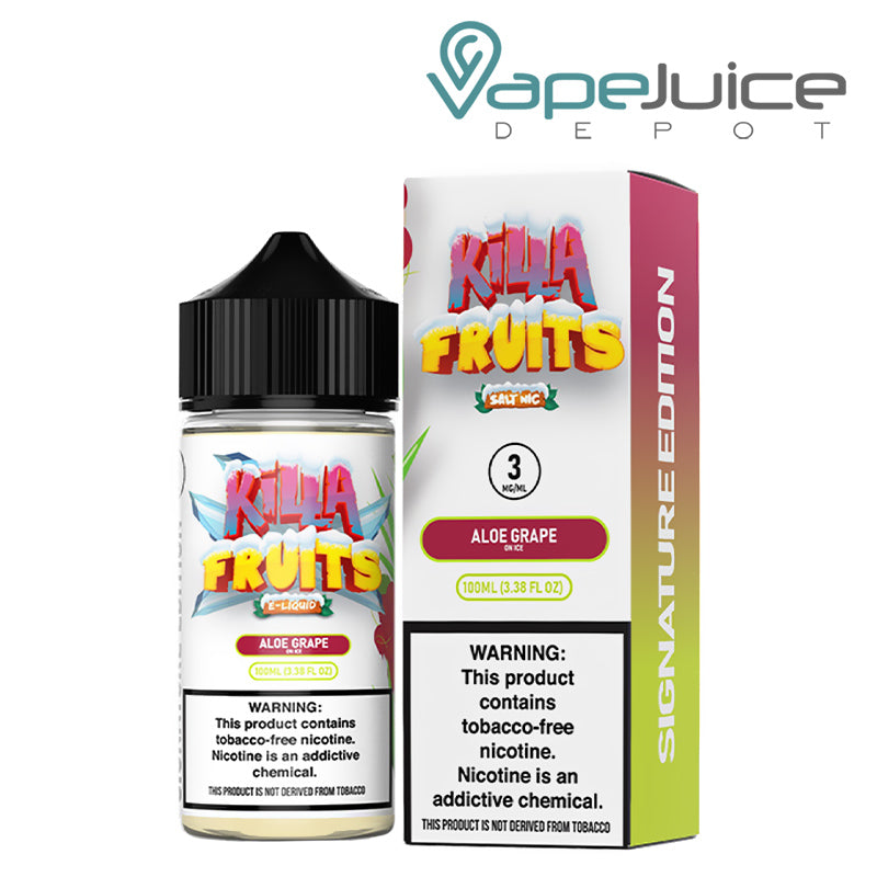 A 100ml bottle of Aloe Grape On Ice Killa Fruits Signature TFN Series and a box with a warning sign next to it - Vape Juice Depot