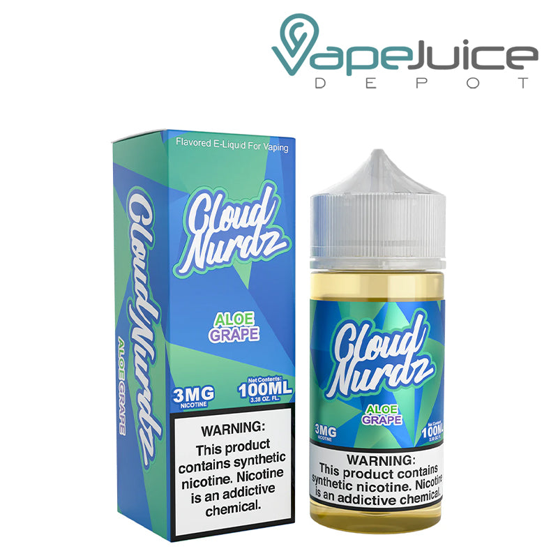 A Box of Aloe Grape TFN Cloud Nurdz with a warning sign and a 100ml bottle next to it - Vape Juice Depot