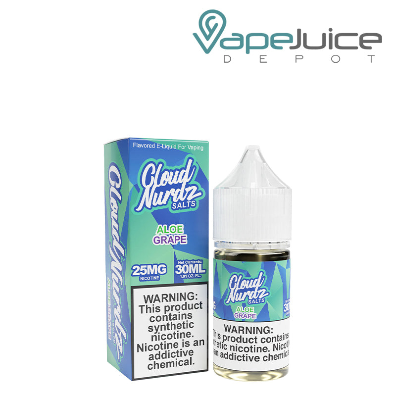 A Box of Aloe Grape TFN Salts Cloud Nurdz with a warning sign and a 30ml bottle next to it - Vape Juice Depot