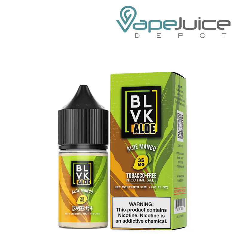 A 30ml bottle of Aloe Mango BLVK Aloe TF Nic Salt 35mg and a box  with a warning sign next to it - Vape Juice Depot