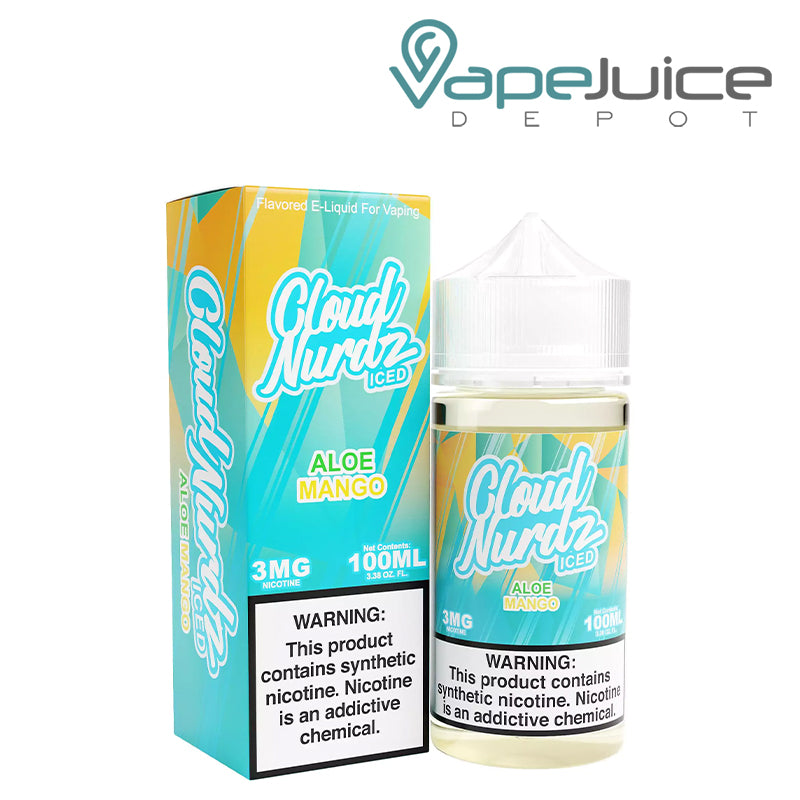 A Box of Aloe Mango Ice TFN Cloud Nurdz with a warning sign and a 100ml bottle next to it - Vape Juice Depot