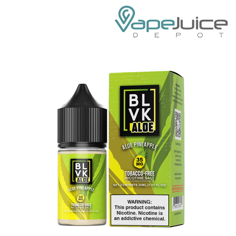 A 30ml bottle of Aloe Pineapple BLVK Aloe TF Nic Salt 35mg and a box  with a warning sign next to it - Vape Juice Depot