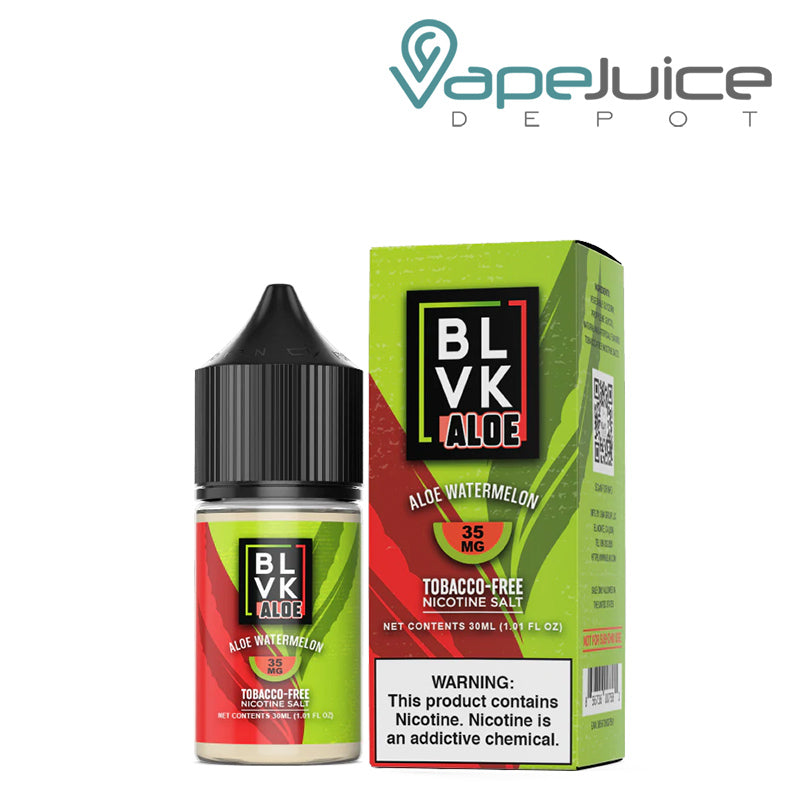 A 30ml bottle of Aloe Watermelon BLVK Aloe TF Nic Salt 35mg and a box with a warning sign next to it - Vape Juice Depot