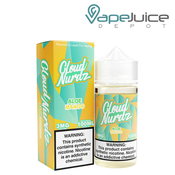 A box of Aloe Mango TFN Cloud Nurdz with a warning sign and a 100ml bottle next to it - Vape Juice Depot