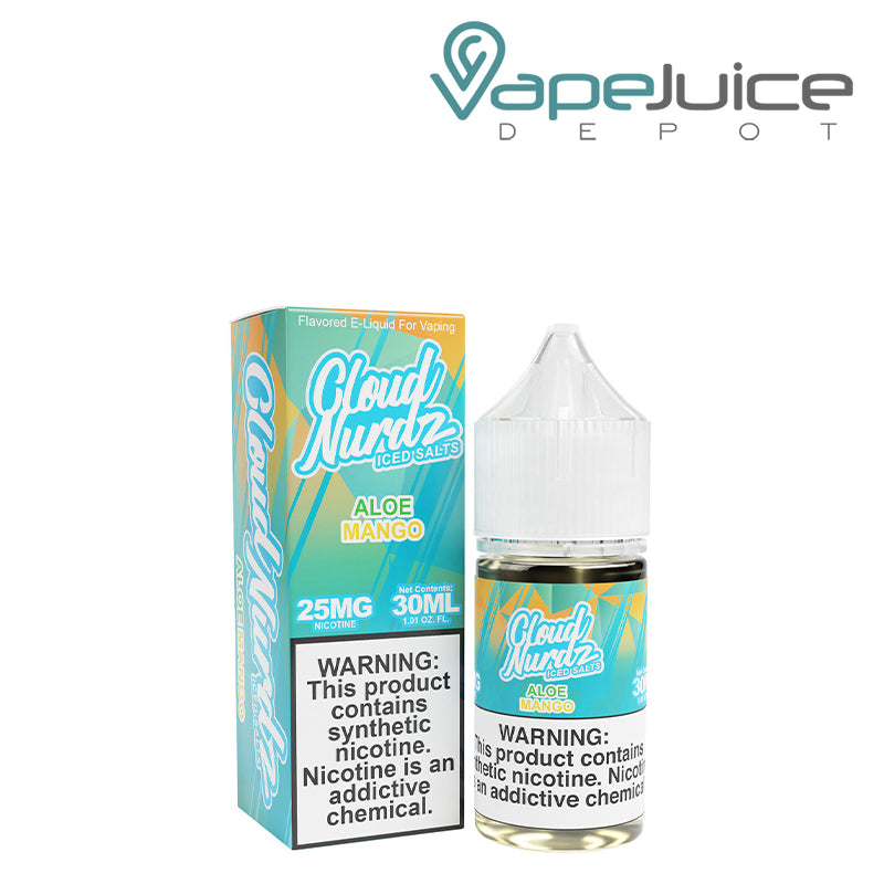 A Box of Aloe Mango Ice TFN Cloud Nurdz with a warning sign and a 30ml bottle next to it - Vape Juice Depot