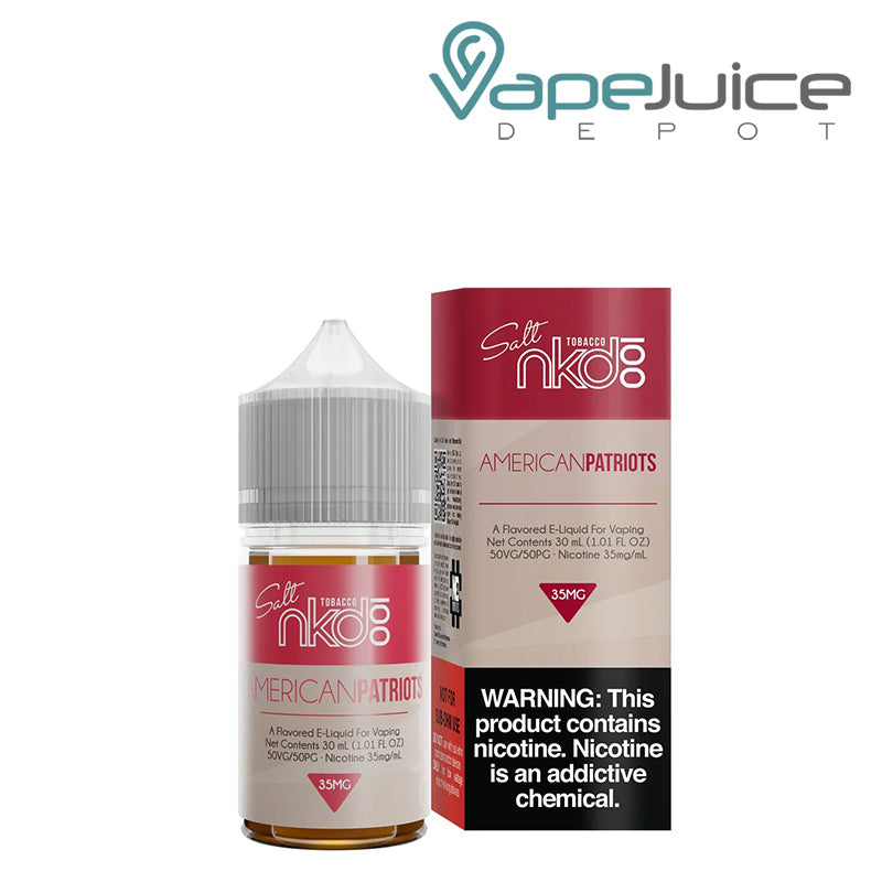 A 30ml bottle of American Patriots Naked 100 Salt eLiquid and a box with a warning sign next to it - Vape Juice Depot