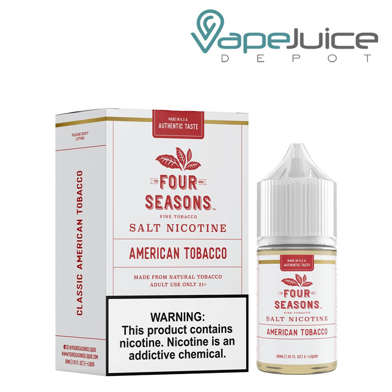 A box of American Tobacco Salt Four Seasons eLiquid with a warning sign and a 30ml bottle next to it - Vape Juice Depot