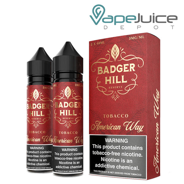 Two 60ml bottles of American Way Badger Hill Reserve with a warning sign and a box next to it - Vape Juice Depot
