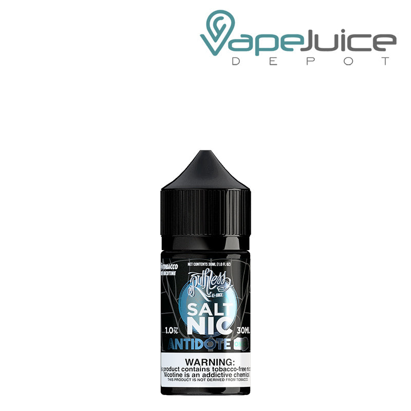 A 30ml bottle of Antidote On Ice Ruthless Salt with a warning sign - Vape Juice Depot