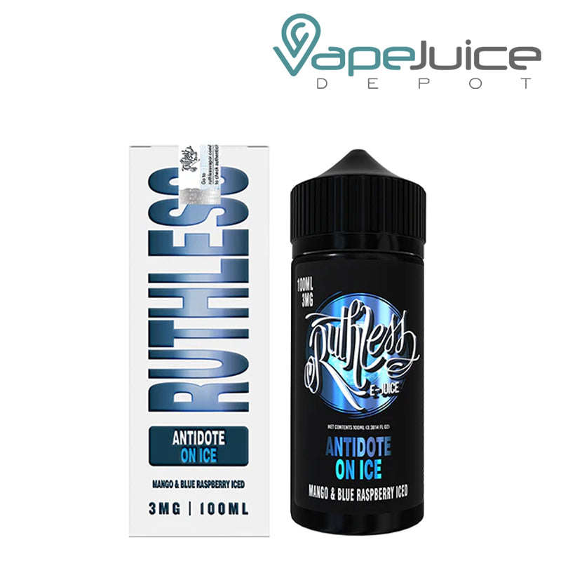 A box of Antidote On Ice Ruthless Vapor  and 100ml bottle - Vape Juice Depot