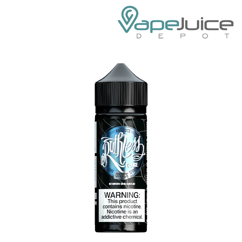 A 120ml bottle of Antidote On Ice Ruthless Vapor with a warning sign - Vape Juice Depot